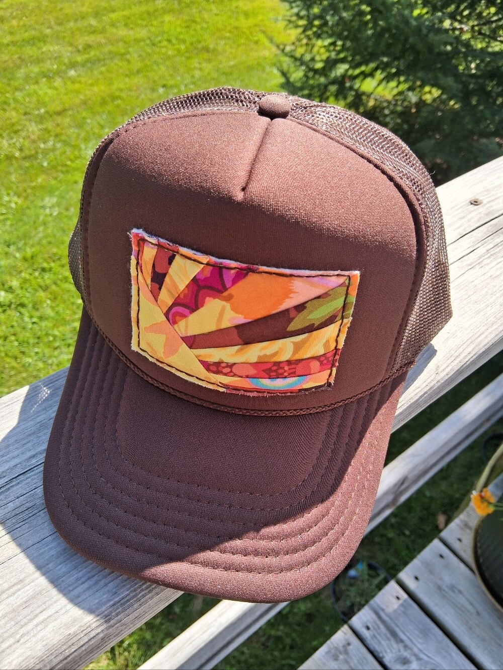 Brown Trucker Hat with Multicolor Sunburst Handmade Patch